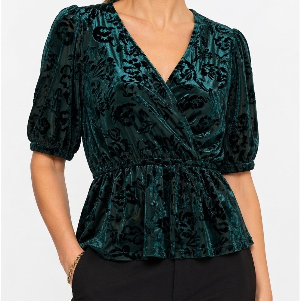 Alfani Green Velvet Burnout Peplum Top Small Stretch Floral Going Out Dressy